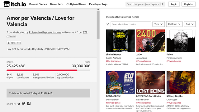 CAT: Captura de pantalla amb la recaptació final del bundle d'itch.io Amor per Valencia / Love for Valencia.

ES: Captura de pantalla con la recaudación final del bundle de itch.io Amor per Valencia / Love for Valencia.

EN: Screen capture with the final raising of itch.io's bundle Amor per Valencia / Love for Valencia.