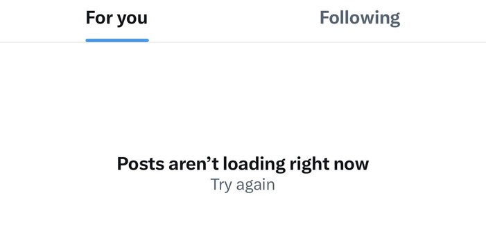 Screenshot of the X (formerly Twitter) social media platform showing a message that reads 'Posts aren’t loading right now' with an option to 'Try again' underneath.