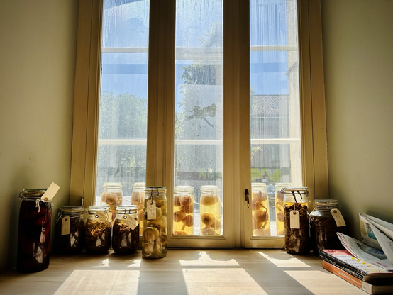 A tall double window with six jars with pickled onions between the two sets of windows and a variety of pickled goods on the window sill on the inside. From left to right: beetroot, three jars with funnel chanterelles, turnips, and two more jars with funnel chanterelles. Two books and a newspaper are placed on the right side of the window sill. Through the dusty windows a blue sky can be seen.