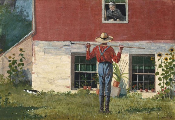 A man wearing a straw hat and red shirt holds a pitchfork, standing in front of a rustic two-story house. A woman peers out from an upper window, engaging in conversation.