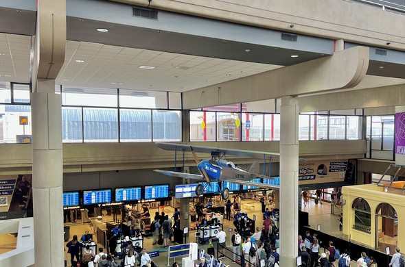 Looking out over security lines at the entrance to Pittsburgh International Airport.