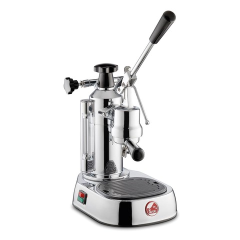 A photo of a LaPavoni Europicolla manual-levered espresso machine, very cleaned on a white background, probably from e-shop. The machine is shiny and looks like it invites you for just one more cup of a super-intense tiny espresso.