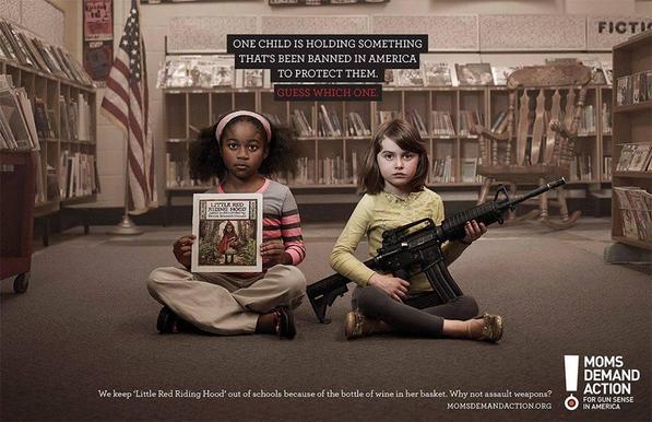 Two little girls. One with a copy of "Little Red Riding Hood", the other with an M16.

The book was banned b/c the LRRH's basket on the cover contained a bottle of wine.