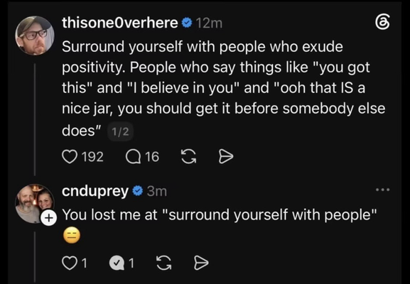 thisoneOverhere • Surround yourself with people who exude positivity. People who say things like "you got this" and "I believe in you" and "ooh that IS a nice jar, you should get it before somebody else does" cndupreyc You lost me at "surround yourself with people"