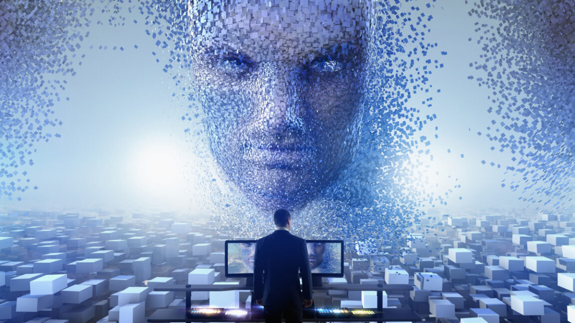 Illustration of a personified AI face in a cloud of squares hovering over a man looking at two computer monitors.