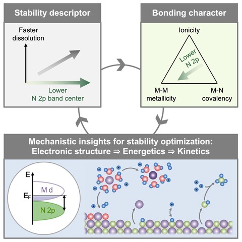 Transition metal nitrides have suffered from severe nitride dissolution and subsequent ammonia generation in acidic electrolytes, limiting the use of earth-abundant nitride catalysts in proton exchange membrane fuel cells and electrolyzers. Combining theory and experiment, we have established design principles governing the extent and kinetics of nitride decomposition and ammonia production in acid. Guided by these insights, new nitride catalysts can be rationally designed with optimized stability in acid to electrify and decarbonize the production and utilization of chemicals and fuels.