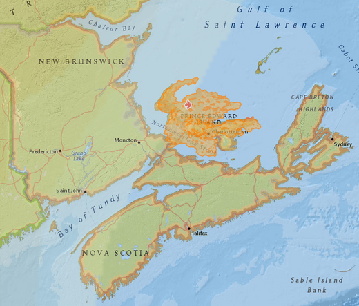 Image of map of Prince Edward Island (PEI) and Maritime provinces  with an overlay of the largest fire burning in Quebec to see the size covering the island of PEI. Image from: https://firesmoke.ca/forecasts/current/