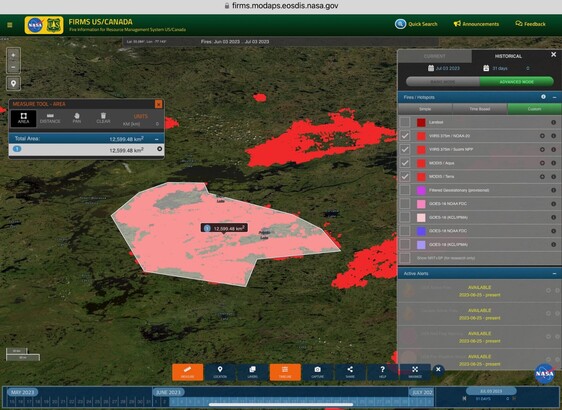 Image showing fire map of Canada from NASA tool ( https://firms.modaps.eosdis.nasa.gov/usfs/map/#t:adv;m:advanced,custom;d:2023-06-03..2023-07-03;l:noaa20-viirs,viirs,modis_a,modis_t,countries;@-73.8,49.1,6z ).