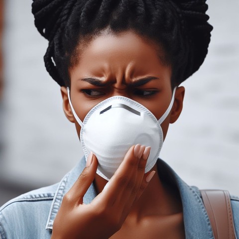 Image of a woman wearing an N95 respirator with an expression of disgust from smelling something bad. Generated using Bing Image Creator powered by DALL-E 3 using prompt, "A person wearing an N95 mask with an expression of disgust from smelling something bad"