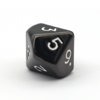 Image of a black nickel metal 10-sided die. Image from: https://www.customgamedice.com/dice.asp?sid=4 