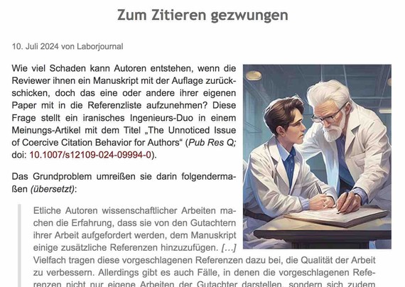 Farbzeichnung: Ein Seniorforscher instruiert einen Jungforsche, was er an einer bestimmten Stelle im aufgeschlagenen Manuskript schreiben soll. Um das Bild herum fließen die Überschrift "Zum Zitieren gezwungen" sowie die ersten Zeilen des im Post verlinkten Blog-Artikels.