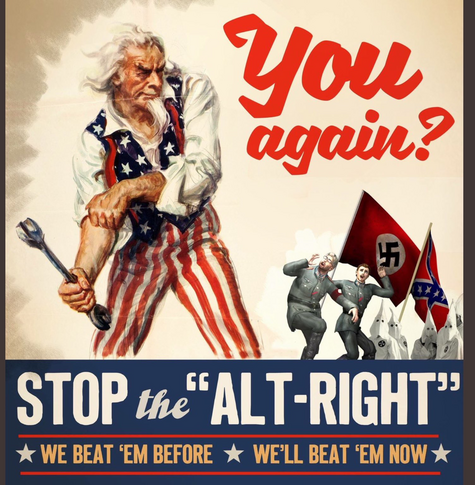 Political cartoon of a strapping Uncle Sam beating down fascists in Nazi and KKK garb with a large wrench that he also uses to help build America.