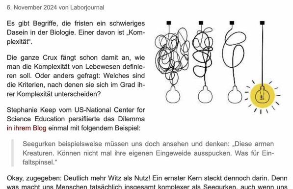 Zeichnung von vier Glühbirnen mit unterschiedlich stark verknäuelten Kabeln. Nur diejenige mit geradem, unverknäueltem Kabel leuchtet. Darum herum läuft ein angeschnittener Textteil des im Post verlinkten Artikels.