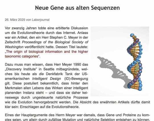 Screenshot eines Ausschnitts aus dem im Post verlinkten Blog-Artikel – mit Überschrift "Neue Gene aus alten Sequenzen", gefolgt von den ersten Sätzen des Artikeltexts. Rechts eingebettet die Illustration eines blaugelben DNA-Doppelhelixfragments, das einen kräftigen grauen Schatten auf den Boden wirft.