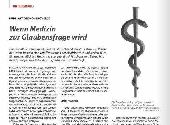 Screenshot aus dem im Post verlinkten Print-Artikel mit Dachzeile und Überschrift "Publikationskontroverse – Wenn Medizin zur Glaubensfrage wird" sowie Vorspann und ersten Textzeilen. Rechts davon als Illustration das Foto eines Äskulapstabs.