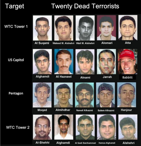 Photographic matrix of the terrorists who died during the 9/11 attacks with their names and targets. The 5th photo of terrorists who died during a planned attack on the US Capitol is that of Ashli Babbitt.