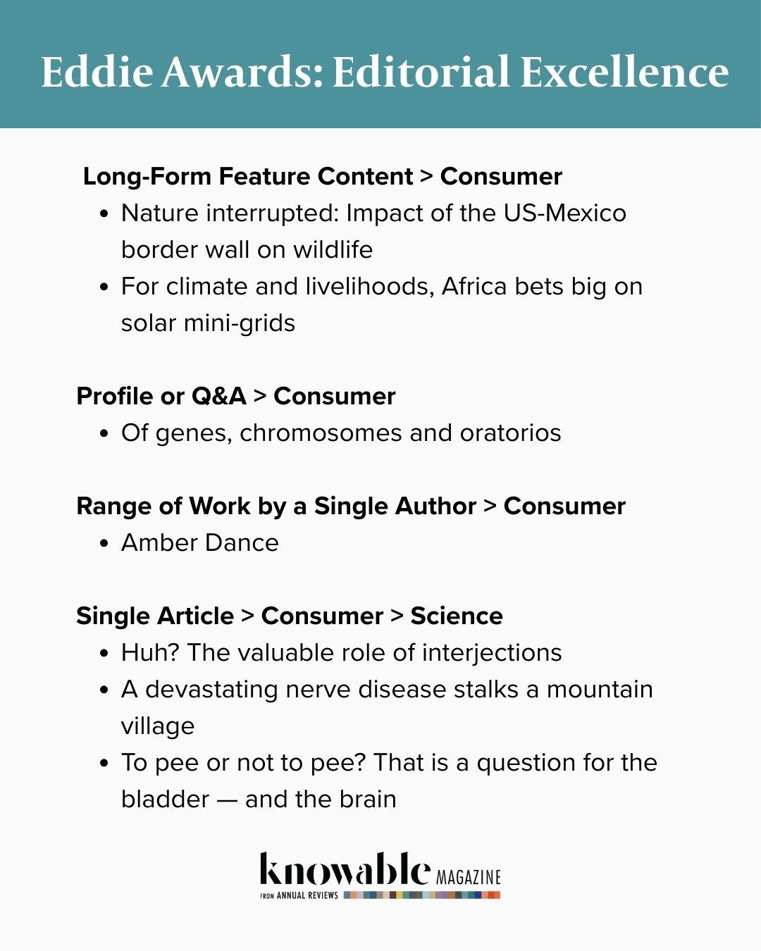 Long-Form Feature Content > Consumer
Nature interrupted: Impact of the US-Mexico border wall on wildlife
For climate and livelihoods, Africa bets big on solar mini-grids
Profile or Q&A > Consumer
Of genes, chromosomes and oratorios
 
Range of Work by a Single Author > Consumer
Amber Dance
Single Article > Consumer > Science
Huh? The valuable role of interjections
A devastating nerve disease stalks a mountain village
To pee or not to pee? That is a question for the bladder — and the brain
Eddie Awards: Editorial Excellence